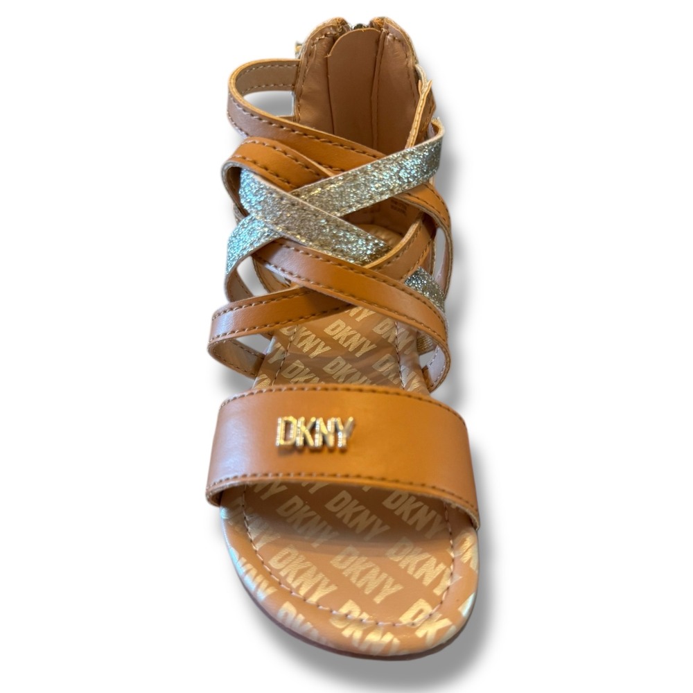 NIB DKNY Hudson Cross Gladiator Sandals Glitter Straps Zipper Cognac Sz 9 kids